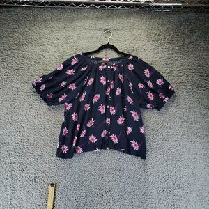 Karen Kane Top Womens Large Navy Blue Floral Puff Sleeve Blouse Viscose USA